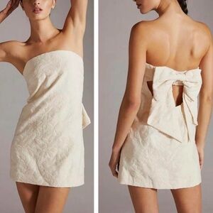 Anthropologie Strapless Ivory Mini Dress Open Back Bow Textured Cocktail